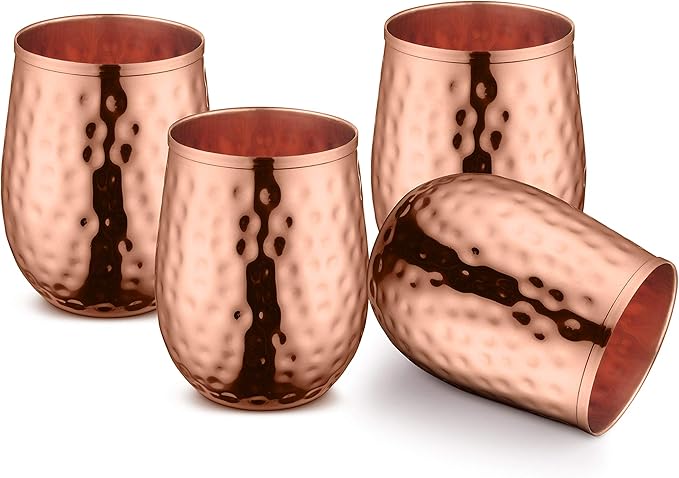 Avador Handcrafted Set of 4 100% Pure Copper Glass Drinkware Tumbler Hammered Finish 16 Oz. each for Water | Wine | Moscow Mules | Stemless Wine Glass