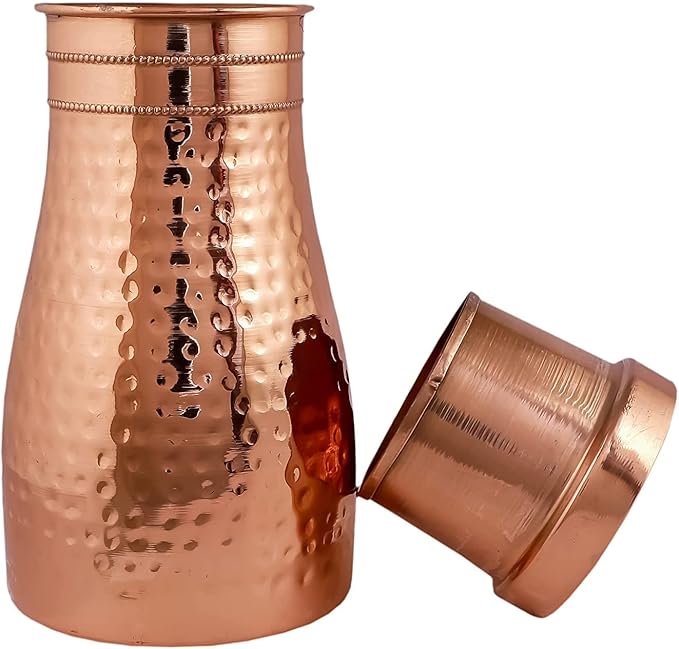 HYGGE Pure Copper Bedside Carafes, Copper Jug- Pure Copper Water Pitcher for Gifting, home, Sports & Yoga Flask with Tumbler - Ayurveda Health Benefits - Capacity 1 Liter (34 Oz)