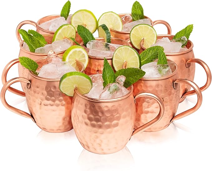  Moscow Mule Copper Mugs Set of 8 (16oz) | Food Grade 100% Pure Copper Cups | Handcrafted w/Lacquered Hammered Finish, Smooth Rounded Lip, Ergonomic Handle (No Rivet) w/Solid Grip
