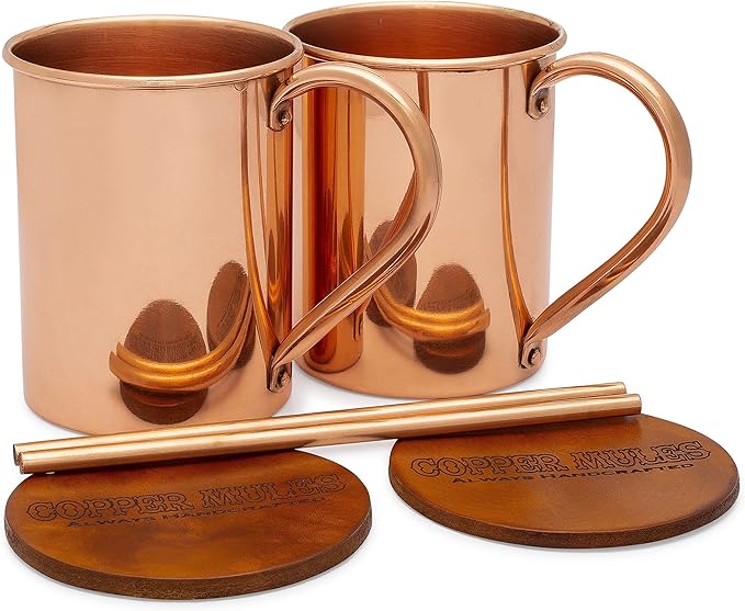 Moscow Mule PURE Copper Mugs Set of 2 by Copper Mules - Handcrafted of 100% Pure THICK Copper - Straight Smooth Finish - EasyCare Copper Interior 