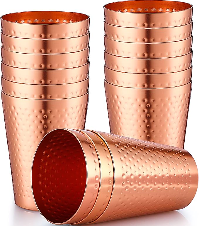 Nuogo 12 Pieces Aluminum Drink Cup, Copper Water Tumblers,14 oz Metal Cups for Drinking, Hammered Surfaces Mirror Finish Stackable Cold Drink Glasses for Iced Coffee and Moscow Mules