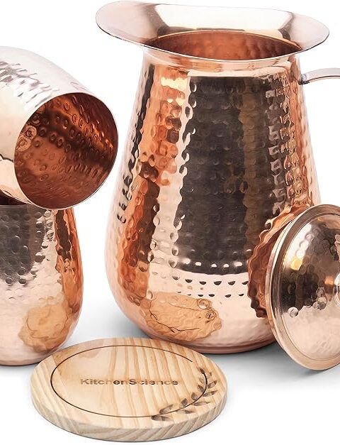 Pure Copper Pitcher (70 oz. /2000 ml) with Copper Tumblers | Large Copper Water Pitcher for Drinking Water